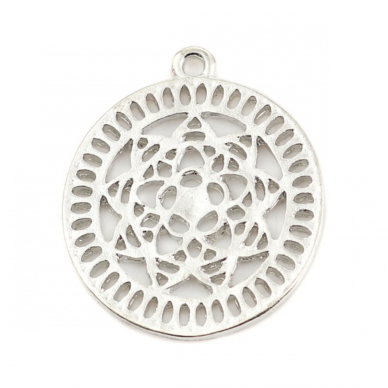 Picture of Zinc Based Alloy Flower Of Life Charms Round Antique Silver Flower 28mm(1 1/8") x 24mm(1"), 10 PCs