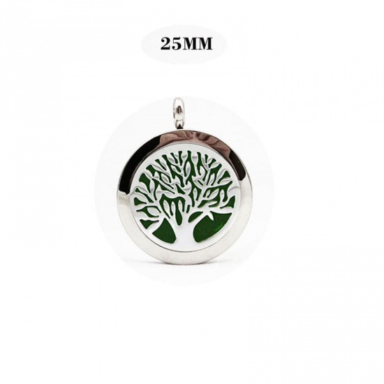 Picture of 316L Stainless Steel Aromatherapy Essential Oil Diffuser Locket Pendants Round Silver Tone Tree of Life Blank Stamping Tags 25mm Dia., 1 Piece