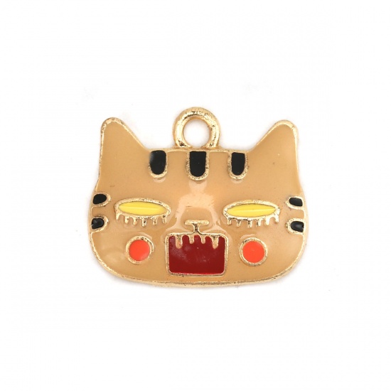 Picture of Zinc Based Alloy Charms Cat Animal Gold Plated Multicolor Enamel 24mm(1") x 20mm( 6/8"), 5 PCs