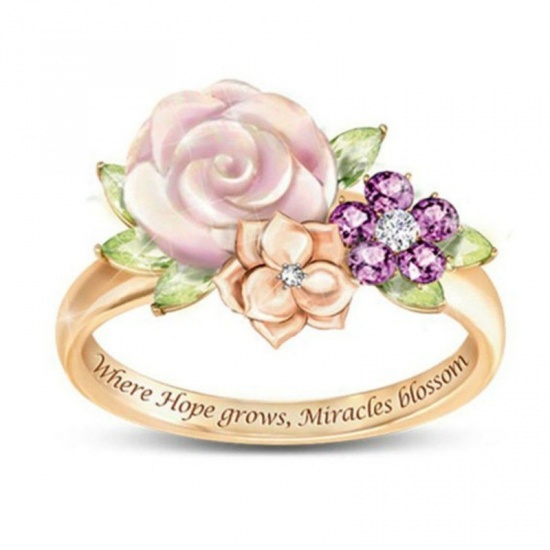 Picture of Unadjustable Rings Gold Plated Flower Leaves Message " Where hope grows，miracles blossom " Multicolor Rhinestone 16.5mm(US Size 6), 1 Piece
