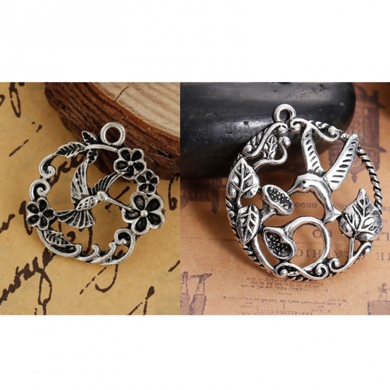 Picture of Zinc Based Alloy Charms Hummingbird Antique Silver Flower Hollow 25mm(1") x 25mm(1"), 20 PCs
