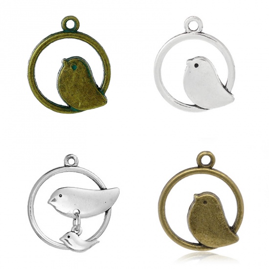Picture of Zinc Based Alloy Charms Round Mother Bird Hollow 