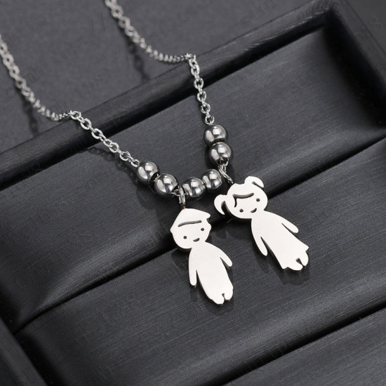 Picture of Stainless Steel Necklace Silver Tone Boy & Girl Lover Blank Stamping Tags 45cm(17 6/8") long, 1 Piece