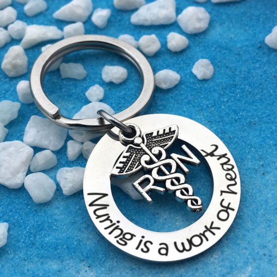 Picture of Stainless Steel Keychain & Keyring Round Silver Tone Medical Alert ID Caduceus 1 Piece