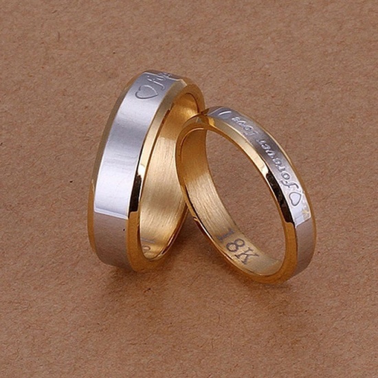 Picture of Titanium Steel Couple Unadjustable Rings Gold Plated & Silver Tone Message " Forever Love "