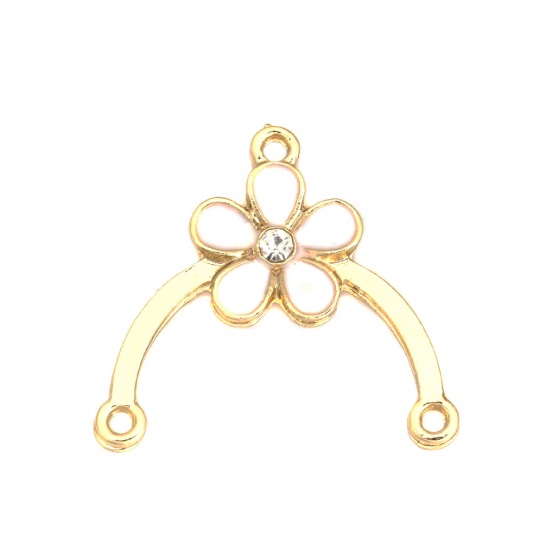 Picture of Zinc Based Alloy Connectors Arched Gold Plated Light Blue Flower Enamel Clear Rhinestone 25mm x 23mm, 10 PCs