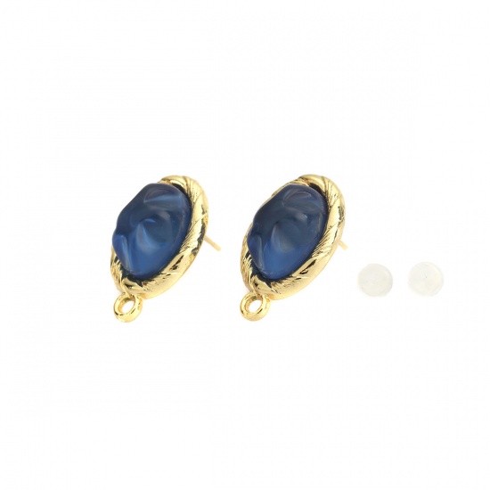 Picture of Zinc Based Alloy Ear Post Stud Earrings Findings Oval Gold Plated Royal Blue With Resin Cabochons W/ Loop 23mm x 15mm, Post/ Wire Size: (20 gauge), 2 Pairs