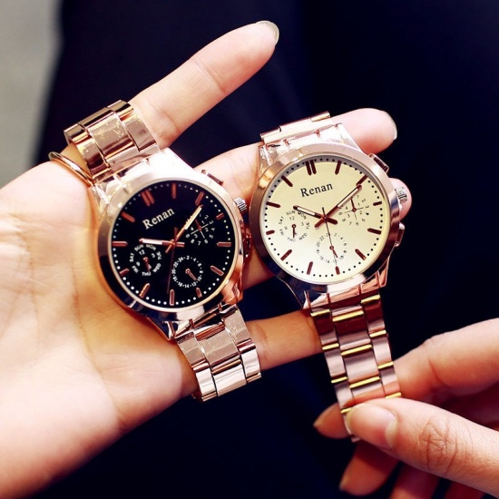 Picture of Iron Based Alloy Wrist Watches Round Rose Gold Black Adjustable Battery Included 22cm long, 1 Piece