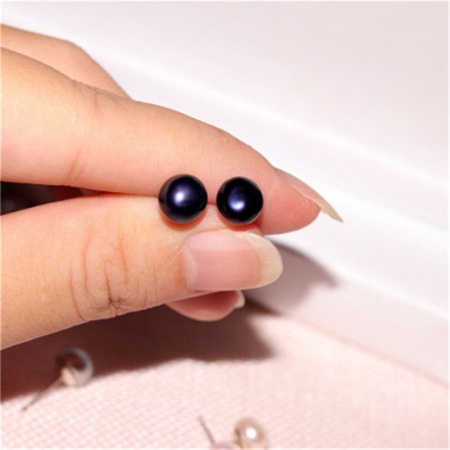 Boucles d'Oreilles Puces en 925 Argent Pur & Perles d'eau douce Bleu Foncé Rond 8mm - 7mm Dia., 1 Paire