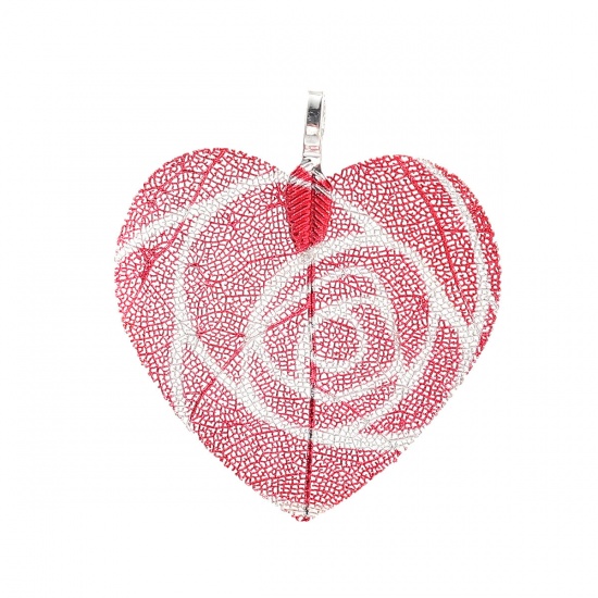Image de Pendentifs en Laiton & Feuille Naturelle Cœur Argenté Rose Fleurs 46mm x 41mm, 2 Pcs