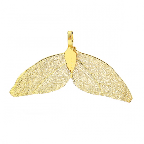 Picture of Brass & Natural Leaf Pendants Angel Wing Gold Plated 49mm(1 7/8") x 30mm(1 1/8"), 2 PCs                                                                                                                                                                       