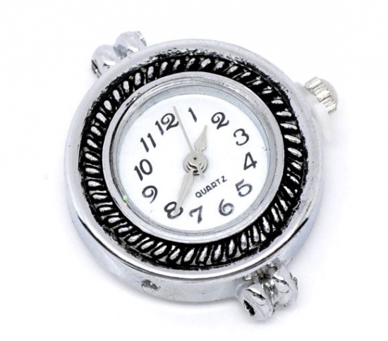 Picture of Alloy Watch Face Round Antique Silver Color Pattern Battery Included 28mm x 25mm(1 1/8"x1"), 2 PCs