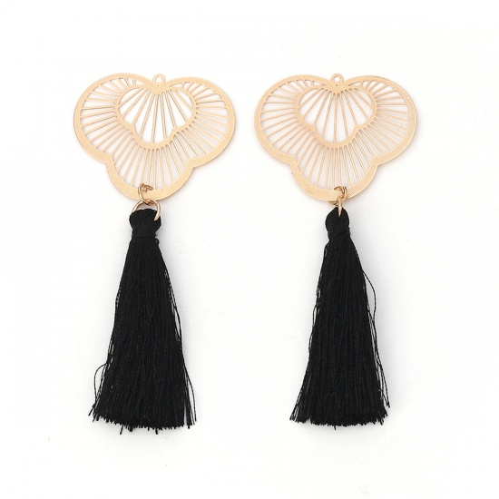 Picture of Brass & Polyester Pendants Gold Plated Black Fan-shaped Tassel Filigree Stamping 8.3cm x 3.6cm, 5 PCs                                                                                                                                                         