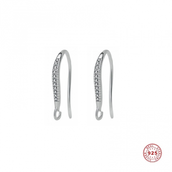 Picture of Sterling Silver Ear Wire Hooks Earring Findings Findings Silver Color Clear Cubic Zirconia W/ Loop 16mm x 9mm, Post/ Wire Size: (19 gauge), 1 Pair