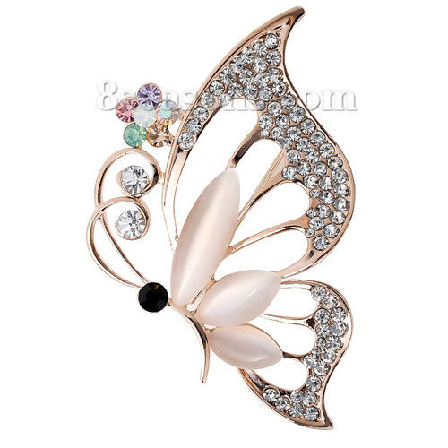 Picture of Fashion Jewelry Pin Brooches Butterfly Rose Gold Light Beige With Cat's Eye Glass Cabochons Multicolor Rhinestone 59mm(2 3/8") x 38mm(1 4/8"), 1 Piece