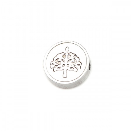 304 Stainless Steel & Natural Shell Beads Flat Round Silver Tone Creamy-White Tree About 10mm Dia., Hole: Approx 1.4mm, 1 Piece