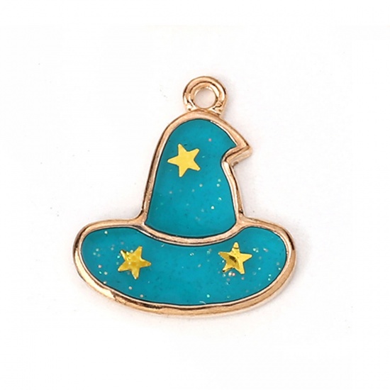 Picture of Zinc Based Alloy Halloween Charms Halloween Witch Gold Plated Purple Hat Enamel Glitter 21mm( 7/8") x 19mm( 6/8"), 10 PCs