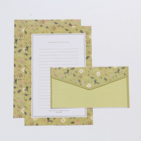 紙 封筒 長方形 オリーブ色 花パターン 20.8cm x 14.1cm 16.4cm x 8.5cm、 1 セット の画像