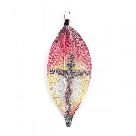 Brass Religious Pendants Multicolor Leaf Cross 5.2cm x 1.9cm, 2 PCs