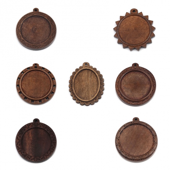 Picture of Wood Cabochon Settings Pendants Round Dark Coffee Cabochon Settings (Fits 3cm ) 4.4cm x 4cm, 5 PCs