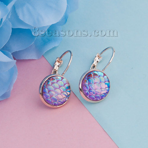 Picture of Resin Mermaid Fish/ Dragon Scale Ear Clips Earrings Rose Gold Orange AB Rainbow Color Round 26mm(1") x 14mm( 4/8"), Post/ Wire Size: (20 gauge), 3 Pairs