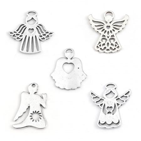 Zinc Based Alloy Charms Angel Antique Silver Color Heart 27mm(1 1/8") x 24mm(1"), 20 PCs