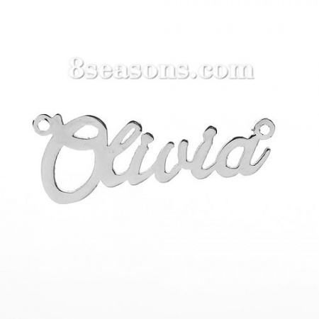 304 Acciaio Inossidabile Nome Connettore Accessori Tono Argento Lettere Disegno Olivia 31mm x 12mm, 1 Pz
