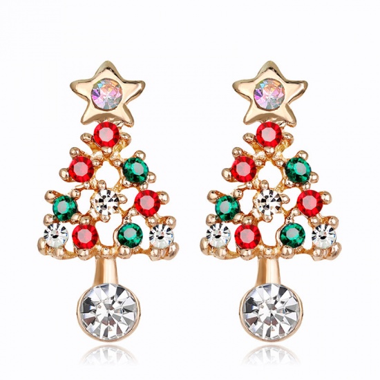 Picture of Ear Post Stud Earrings KC Gold Plated Christmas Tree Blue & Red Rhinestone 15mm( 5/8") x 10mm( 3/8"), 1 Pair