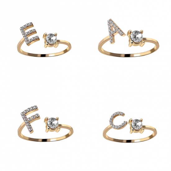 Picture of Brass Open Rings Gold Plated Capital Alphabet/ Letter Message " E " Clear Cubic Zirconia 1 Piece                                                                                                                                                              