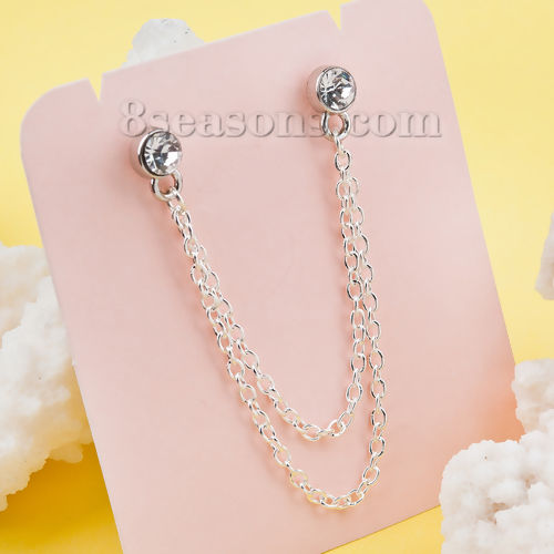 Picture of Double Piercing Ear Chain Silver Tone Round Clear Rhinestone 10.4cm(4 1/8") x 0.7cm(2/8"), Post/ Wire Size: (21 gauge), 1 Piece