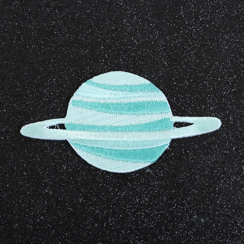 Picture of Polyester Solar System Planet Jewelry Iron On Embroidered Patches (With Glue Back) Craft Planet Uranus Blue Self Adhesive 77mm(3") x 40mm(1 5/8"), 1 Piece
