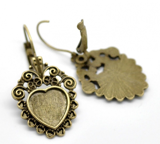 Picture of Brass Clip On Earring Cabochon Settings Heart Antique Bronze (Fits 12mm x 12mm) 4cm(1 5/8") x 22mm( 7/8"), Post/ Wire Size: (20 gauge), 10 PCs                                                                                                                