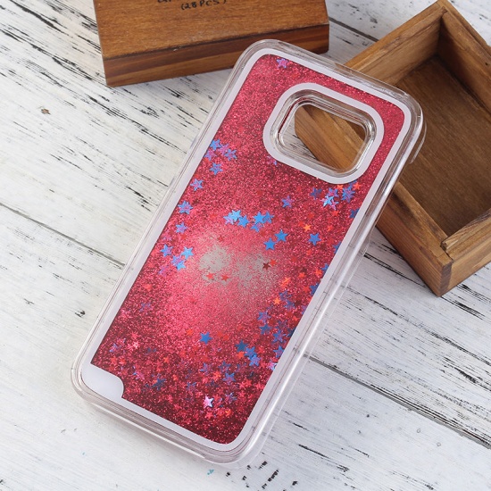 Immagine di Custodia rigida trasparente sabbia lucida con paillette di pentagramma rosa glitter rosso rosa stelle brillanti per Samsung Galaxy S7 Edge 15.3x7.5cm, 1 Pz