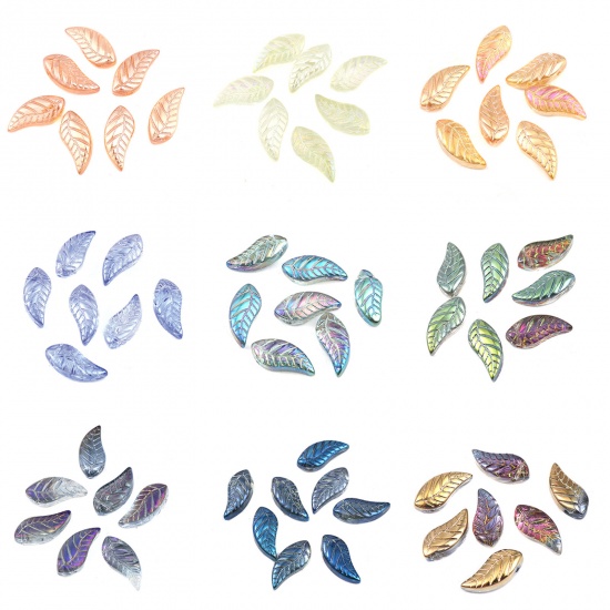 Picture of Glass Beads Leaf Purple AB Rainbow Color About 16mm x 8mm, Hole: Approx 0.9mm, 50 PCs
