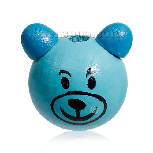Bild von Hinoki Holz Perlen 3D Bär Blau mit Lächeln Muster, 28mm x28mm(1 1/8" x1 1/8") - 27mm x27mm(1 1/8" x1 1/8"), Loch: 5.1mm-4.7mm, 10 Stücke