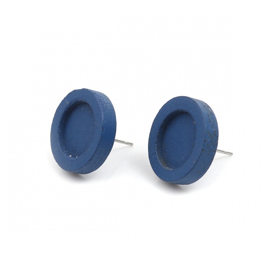 Picture of Stainless Steel Ear Post Stud Earrings Round Blue Cabochon Settings (Fits 12mm Dia.) 18mm Dia., Post/ Wire Size: (21 gauge), 1 Packet ( 10 PCs/Packet)