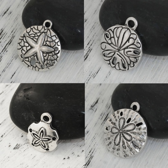 Picture of Zinc Based Alloy Charms Round Silver Plated Sand Dollar 13mm( 4/8") x 10mm( 3/8"), 10 PCs