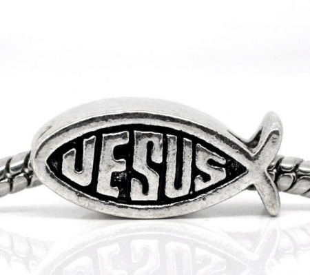 Zinc Based Alloy European Style Large Hole Charm Beads Jesus/ Christian Fish Ichthys Antique Silver Color Message "Jesus" Carved About 18mm x9mm, Hole: Approx 4.8mm, 10 PCs