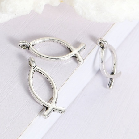 Pendentifs en Alliage de Zinc Ichtus Creux Argent Vieilli 20mm x 8mm, 100 Pcs