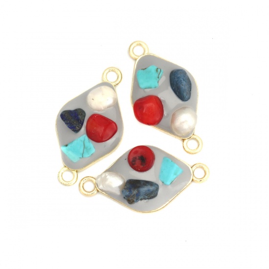 Picture of Zinc Based Alloy & Resin & Stone Enamel Connectors Rhombus Gold Plated Multicolor Imitation Pearl 27mm x 14mm, 5 PCs