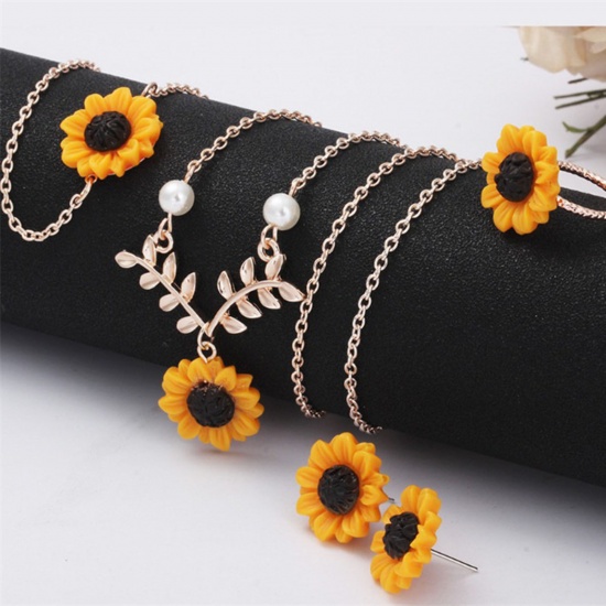 Bild von Halskette Silberfarbe Orange Sonnenblume Imitat Perle 55cm lang, 1 Strang