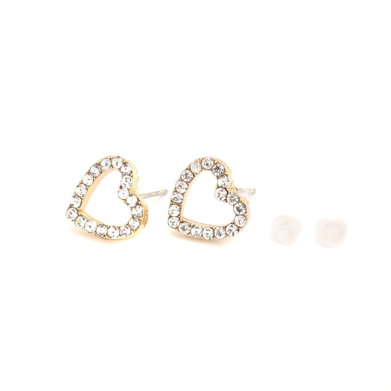 Picture of Zinc Based Alloy Ear Post Stud Earrings Findings Circle Ring Gold Plated Hollow Clear Rhinestone 12mm Dia., Post/ Wire Size: (21 gauge), 4 PCs