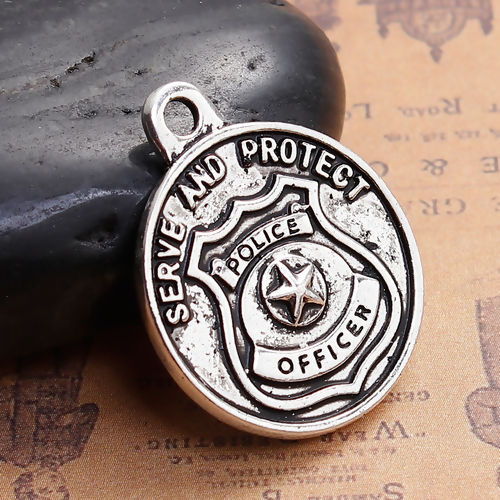 Picture of Zinc Based Alloy Pendants Round Saint Michael Message " SERVE AND PROTECT " 