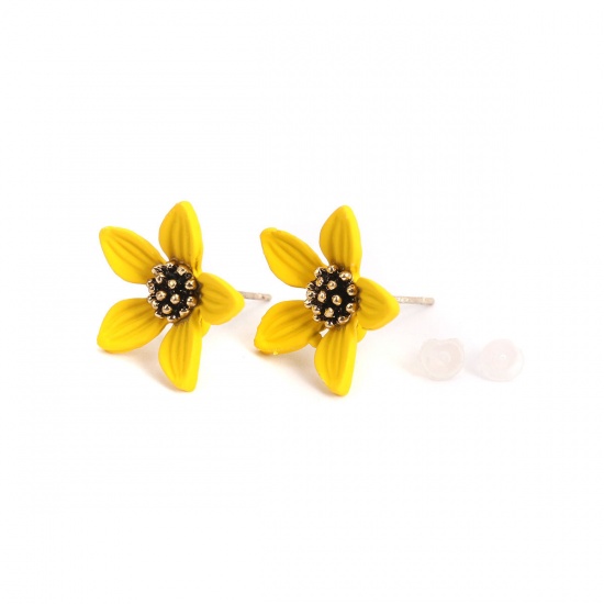 Picture of Zinc Based Alloy Ear Post Stud Earrings Findings Flower Gold Plated Lake Blue W/ Loop 18mm x 17mm, Post/ Wire Size: (21 gauge), 4 PCs