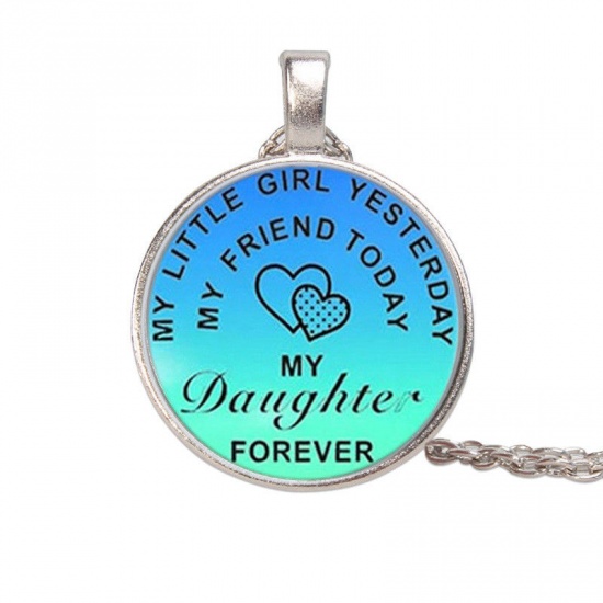 Picture of Necklace Silver Tone Green Blue Round Heart Message " my son my friend today " 50cm(19 5/8") long, 1 Piece