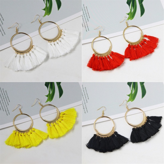 Picture of Tassel Earrings Gold Plated Gray Circle Ring 10cm x 4cm, 1 Pair