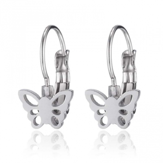 Picture of Stainless Steel Insect Ear Clips Earrings Silver Tone Butterfly Animal 27mm x 13mm, 1 Pair