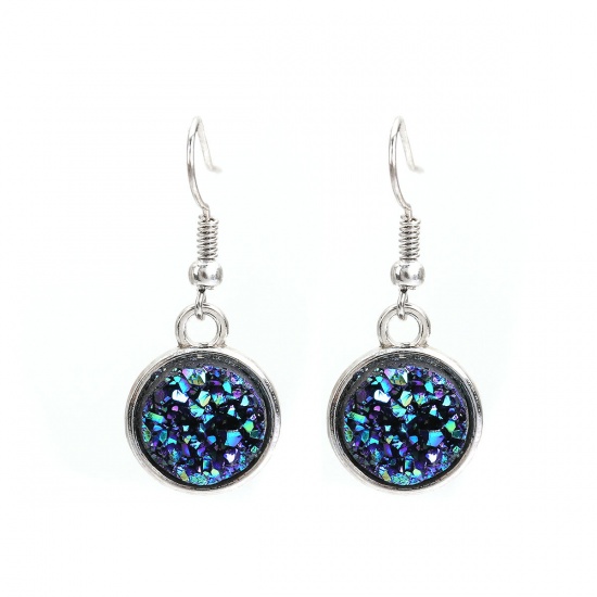 Picture of Resin Druzy/ Drusy Earrings Silver Tone Blue AB Color Round 34mm(1 3/8") x 15mm( 5/8"), Post/ Wire Size: (21 gauge), 1 Pair