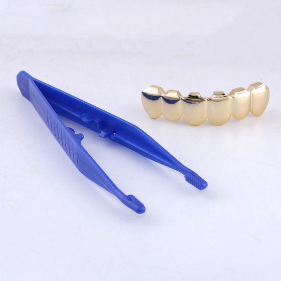 Immagine di Placcato oro lucido bronzo denti piatti mento fino denti inferiori bretelle, 4x1.1cm-1 (con pinzette in plastica)