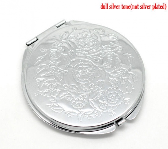 Bild von Make-up Taschenspiegel Kosmetik Runde Faltbare Silberfarbe Geschnitzt Cabochon Fassung